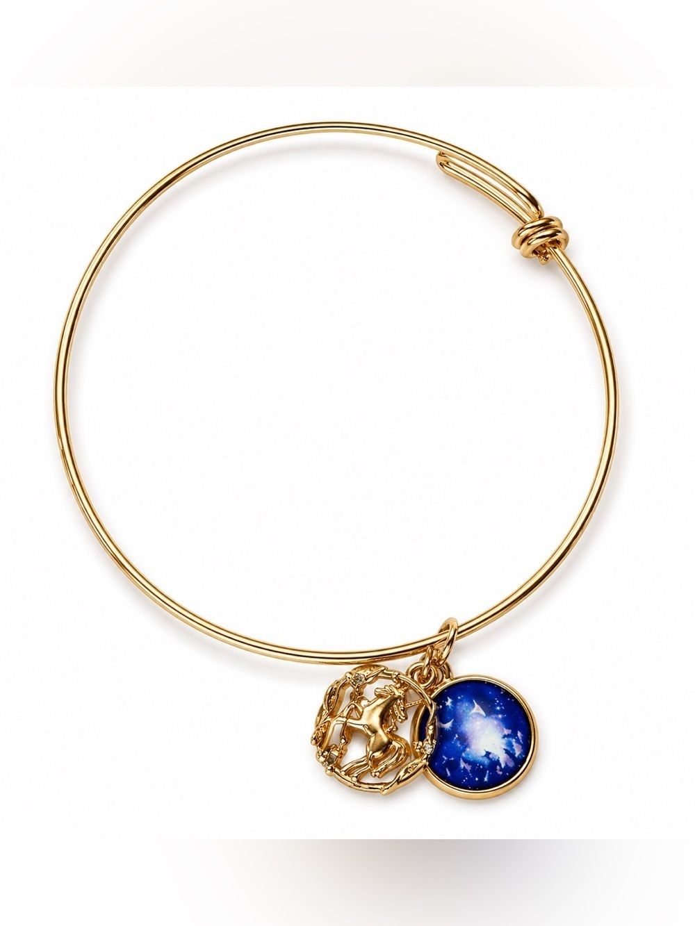 Gold Starry Night Unicorn Charm Bangle Bracelet w/ Cubic Zirconia